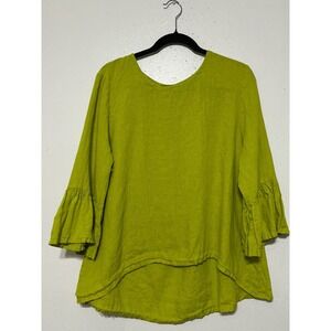 Bryn Walker Fran Basic 100% Linen Lagenlook 3/4 Ruffle Sleeve Top M Lightweight